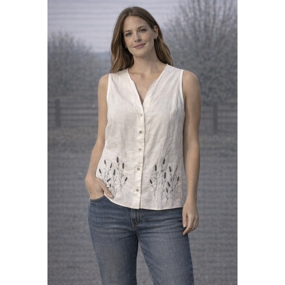 RICHARD MALCOLM Irish Linen‎ Sleeveless Top Embroidered Botanical SP